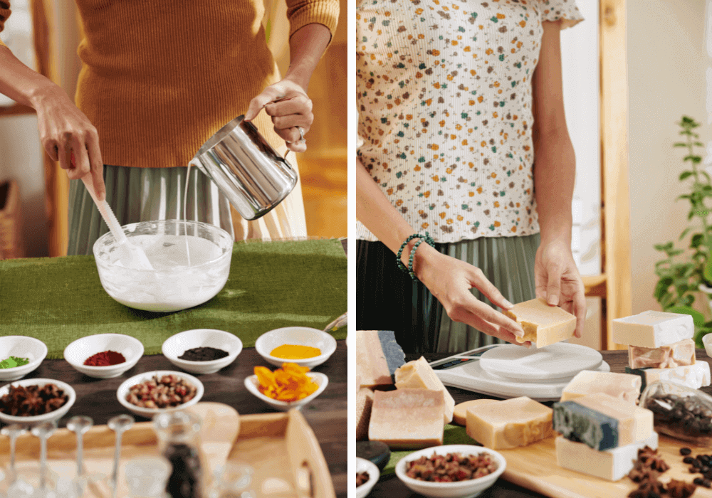 Imagem de mãos femininas no processo de produção de novos sabonetes usando restos