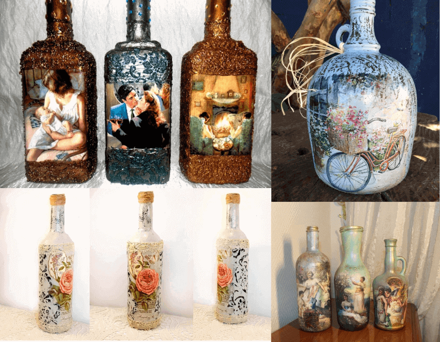 Decoupage em garrafa de vidro