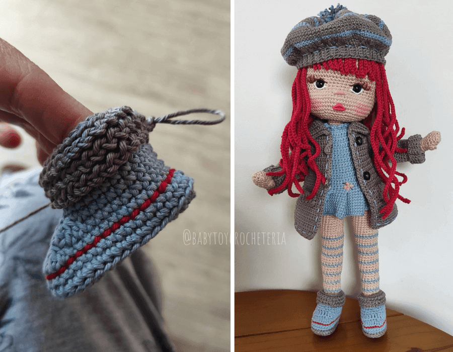 Processo de confecção e resultado final de uma boneca de amigurumi