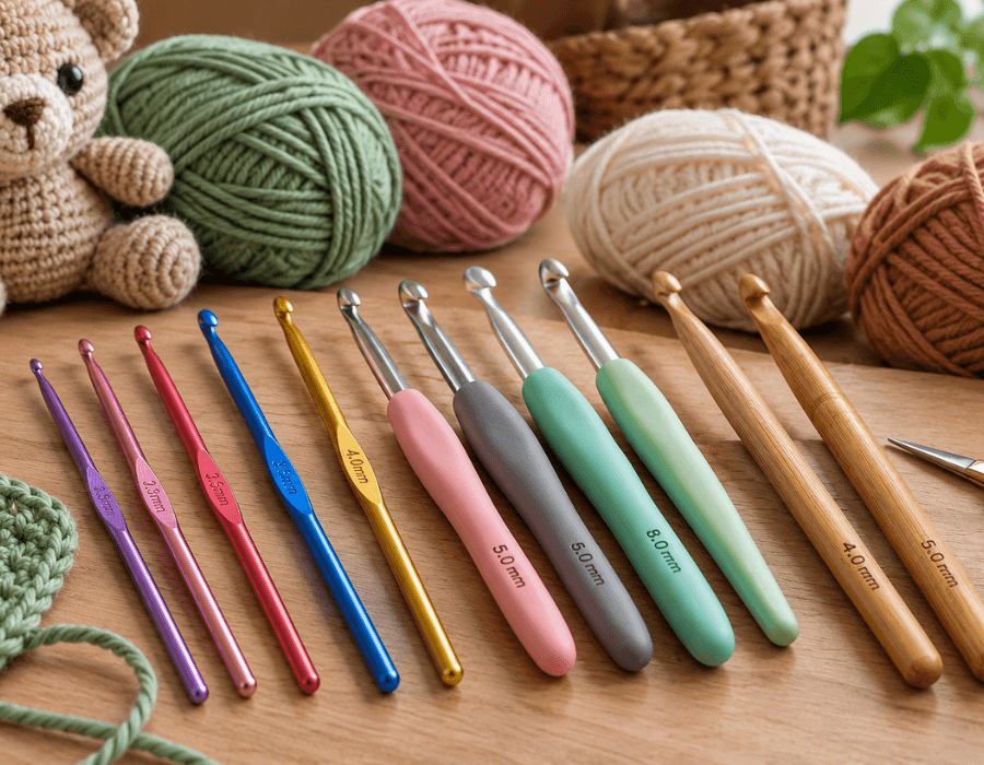Diferentes tipos e tamanhos de agulhas de crochê com fios e amigurumi